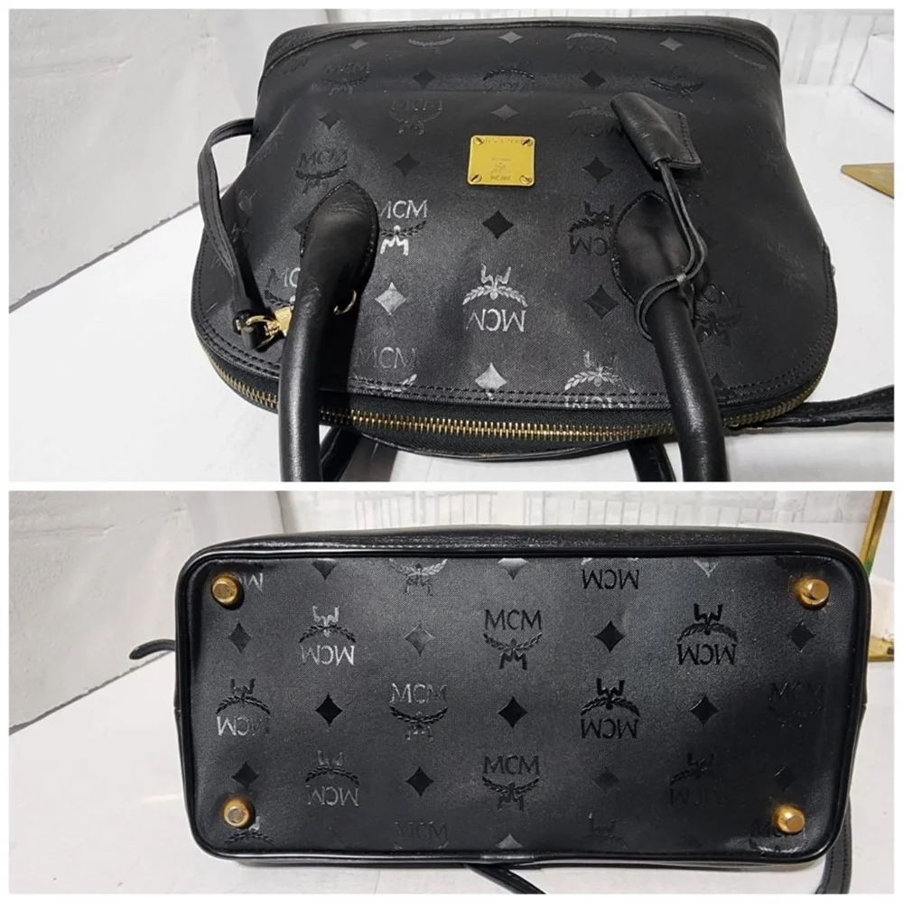 Authentic MCM Visestos Nylon Dome Satchel Bag Black